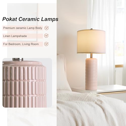 Image of PoKat 27.5 inch Pink Ceramic Table Lamps for Girls Room Set of 2, Modern Bedroom Lamps, Bedside Lamps for Night Stands Living Room, Cute Lamps Pink Decor, Nightstands Desk Nursery