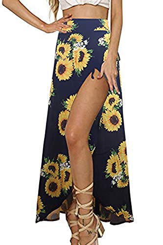 Yonala Womens Boho Floral Tie Up Waist Summer Beach Wrap Cover Up Maxi Skirt (S, Navy Blue-)