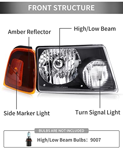 Poemsea 2001-2011 Ranger Headlight Assembly Replacement Headlights For 01-11 Ranger Driver And Passenger Side - Black Housing Crystal Clear Lens #TOP5
