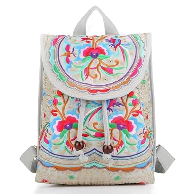 Goodhan Vintage Embroidered Backpack Purses for Women - Boho Shoulder Bag for Travel,Ethnic Floral Mini Back Pack,Lightweight Handbags for Daily Use (Grey-Red)