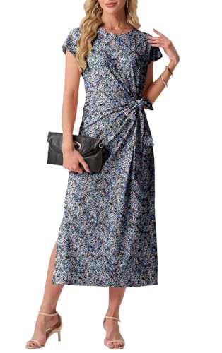 Grecerelle Robe d'été midi décontractée pour femme avec taille nouée et manches courtes - Robes fluides de style A pour femmes UK, M – vue 3
