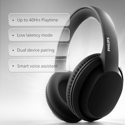 Image of PHILIPS TAH4050 Wireless Bluetooth Headphones with Mic, 40mm Dynamic Drivers, Bluetooth 6.0, Up to 30H Playtime, Dual Device Pairing, USB-C Fast Charging, AUX Support, Over-Ear Headset, Black