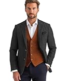 ORBITRAY Men's Tweed Blazer Jacket Thick Retro Vintage Herringbone Sport Coat Single Breasted Two-Buttons Dark Grey