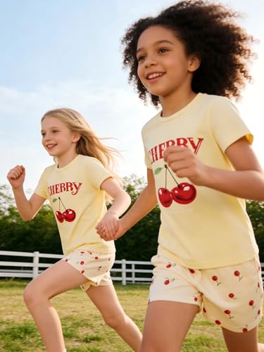 Image of KIDLAGA Girls Two Piece Sets Cherry Pattern Short Sleeve Shirts and Shorts Set With Pockets Girls Summer Outfits Size 7-14