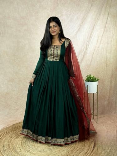 Image of Elegant Vichitra Silk Gown with Jacquard Zari Border - Includes Soft Net Dupatta with Lace Trim - Parrty Wear Ethnic Dress for Women & Girls