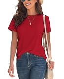 KevaMolly Basic Red T Shirts for Women UPF 50+ Short Sleeve Casual 2026 Spring Summer Tops Solid Loose Fit Crew Neck Tees Tshirt L
