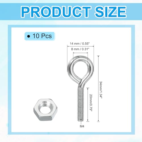 Image of PATIKIL M4x20mm Eye Bolts, 10 Pcs Carbon Steel Threaded Eyebolt Eye Hooks Screws with Nut for Hanging or Securing Cables Silver