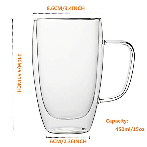 Double Walled Glass Coffee Cups, Set of 2 Large Glass Tea Cup with Handle,15oz/450ml Tall Insulated Coffee Mugs Perfect for Cappuccino, Macchiato, Latte, Tea, Juice, Iced& Hot Beverages - Thumbnail 2
