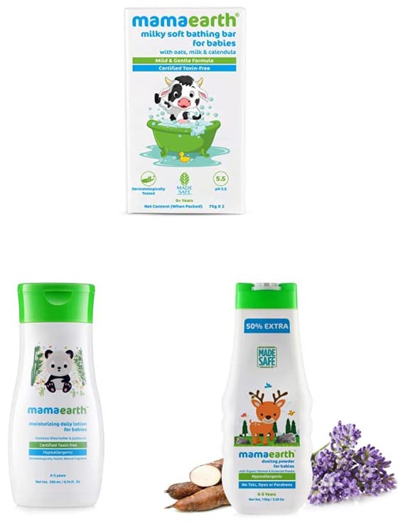 Mamaearth Milky Soft Bathing Bar For Babies With Oats, Milk & Calendula 75G X 2 & Daily Moisturizing Lotion For Babies (200 Ml) & Dusting Powder With Organic Oatmeal & Arrowroot Powder 150G