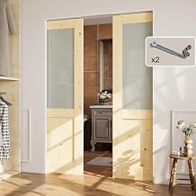 48Double 24" x80 Pine Pocket Door, Pre-Assembled Solid Door with Steel Clad Wood Frame & Soft Close, Build Quality Interior Sliding Doors, Sturdy and Easy Install, Half Panel Frosted Glass Doors