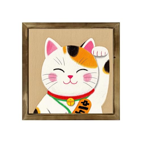 和風招き猫、子猫飾り絵 木質ポスター 玄関 壁画 壁飾り、木製のフレームマークは、カフェ 絵画 油絵アート装飾、木質画付きの完成品 木目調