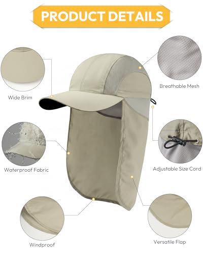 Image of Mens Sun Hat with Breathable Mesh Sun Hats for Men Sun Protection Fishing Hat with Neck Flap for Hiking Cycling