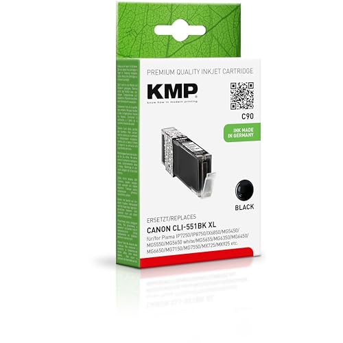 KMP Tintenpatrone passend für Canon CLI551BKXL Black (6443B001) - C90 - für Pixma IP7250 IP8750 IX6850 MG5450 MG5550 MG5650 White MG5655 MG635... etc.