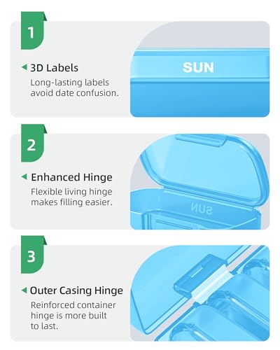 Image of PULIV Weekly Pill Organizer with Large Capacity, Dual Protection Pill Box 7 Day, Arthritis Friendly Pill Case Easy to Open, Medicine Organizer for Vitamins, Medications, Fish Oils, Supplements (Blue)