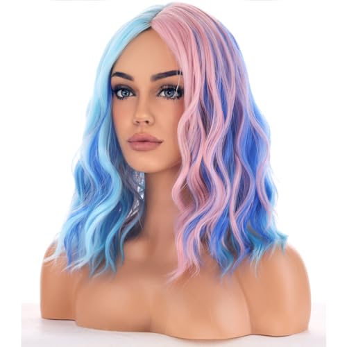 Image of BERON Blue and Pink Wigs for Women Short Curly Bob Wavy Wig Girls Colorful Body Heat Resistant Synthetic Hair Wig Cosplay Daily Party Wigs