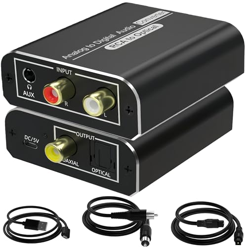 Analog to Digital Audio Converter RCA to Optical Converter with Optical Cable RCA/3.5mm AUX Jack to Toslink and Coaxial Adapter for PS5 PS4 DVD Soundbar