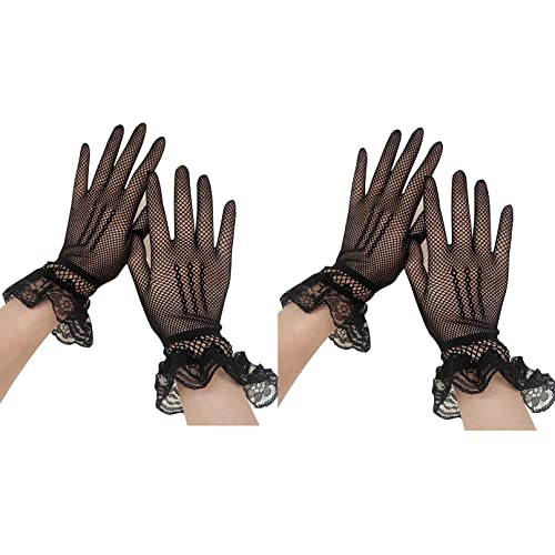 COSFAN 2 Pairs Bridal Fishnet Gloves,Short Lace Gloves for Women,Elegant Tea Party Opera Gloves,Summer Courtesy Gloves