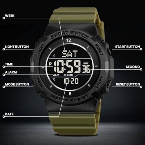 Image of V2A DIGITRON-AXON 2900 Digital Sports Watch for Men | Bold Round Display | Lightweight Waterproof Sports Watch with Alarm, Stopwatch, Backlight, Day & Date | Everyday Active Wear (Green)