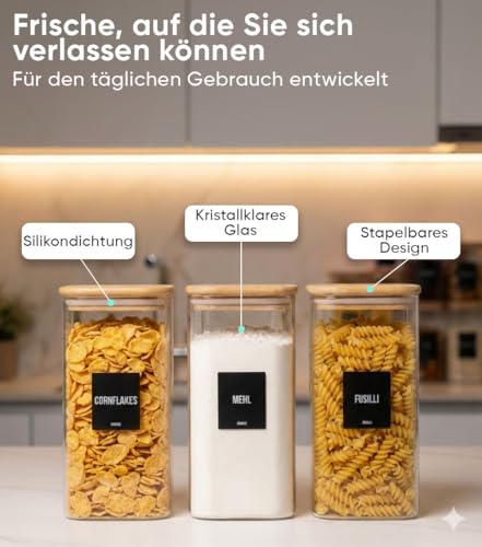 Foto von Deco haus® Vorratsgläser mit Deckel eckig 6er Set [+ETIKETTEN] - Vorratsdosen Glas mit Deckel luftdicht - Vorratsglas mit Holzdeckel - Müsli Aufbewahrungsgläser - Glasbehälter Vorratsbehälter