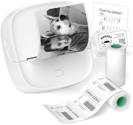 JD-23 Sticker Printer, Mini Portable Thermal Printer Print Pod, Inkless Bluetooth Label Maker with Smart App for Phone & Tablet for Office & Home Use, 2 Rolls Sticker Paper, White