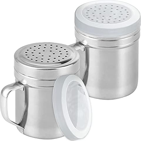 CUSINIUM Metal Salt Pepper Dredge Shakers - With Handle - Seasonings Spice Shakers With Holes and Lids - 10 Ounce, 2pcs | Style: Medium Cover