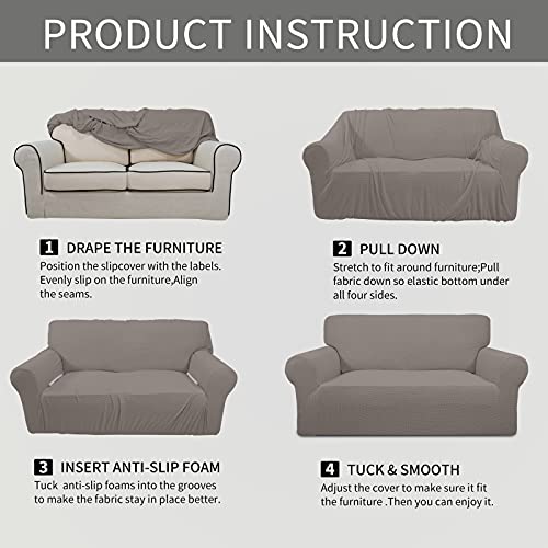 Image of Easy-Going Stretch Oversized Loveseat Slipcover 1-Piece Sofa Cover Furniture Protector Couch Soft with Elastic Bottom for Kids Polyester Spandex Jacquard Fabric Small Checks Taupe