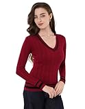 AmélieBoutik Lässiger Damen-Pullover, V-Ausschnitt, langärmelig, adrett, trendig, gestreift, Zopfmuster, Bluse, Tops, Rot/Ausflug, einfarbig (Getaway Solids), X-Groß