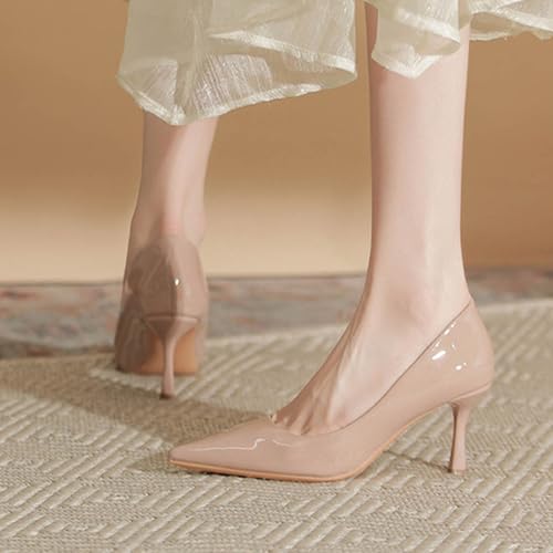 Women's Patent Leather Kitten Heel Dress Pumps Closed Pointed Toe Slip On Mid Heels Business Office Daily Low Top Casual Pumps 5