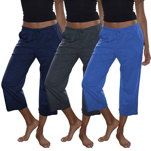 Image of Sexy Basics Women's 100% Cotton Lounge Pants | Capri Style Pajama Sleep Bottoms | Drawstring & Pockets |Multi-Packs & Colors