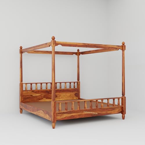 Image of Solid Wood Sheesham Bed King Size Poster Bed Wooden Double Bed Cot Bed Furniture for Bedroom Home and Hotel (Honey Finish, King) 1 Year Warrenty