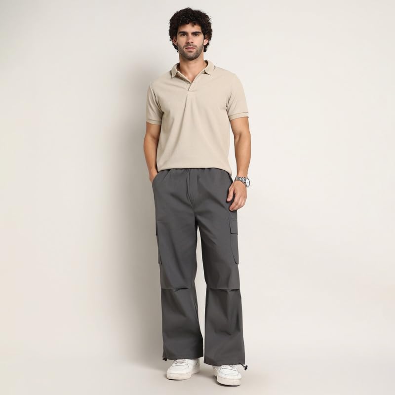 Image of CAHOOT Men's Cargo Trousers for Casual Wear | Mid-Rise | Relaxed Fit | Button Closure | Cargo Pants Crafted with Comfort Fit for Everyday Wear