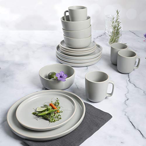Image of Gibson Home Zuma 16 Piece Round Kitchen Dinnerware Set, Dishes, Plates, Bowls, Mugs, Service for 4, Matte Stoneware, Light Grey
