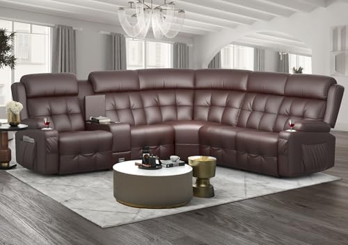 Aotolo Reclining Sectional Couches for Living Room, L Shaped Large Sectional Reliner Sofa, Faux Leather Couch, Home Theater Seating with Console, Recliner Couch & Sofa