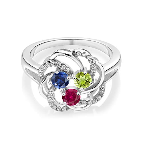 Gem Stone King Customized and Personalized 3-Stone Gemstone Birthstone and White Created Sapphire 925 Sterling Silver 3 Stone Wedding Engagement Anniversary Promise Ring For Women3