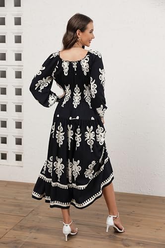 Image of OSTOO Women's 2026 Casual Long Sleeve Square Neck Smocked High Waist Flowy Maxi Dress,Boho Tiered Beach Party Dress