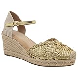 Sandalias de Cuña para Mujer, Estilo Espadrille, con Tira en el Tobillo y Diseño Bordado (dorado, Sistema tallas calzado EU, Adulto, Números, mediano, 38)