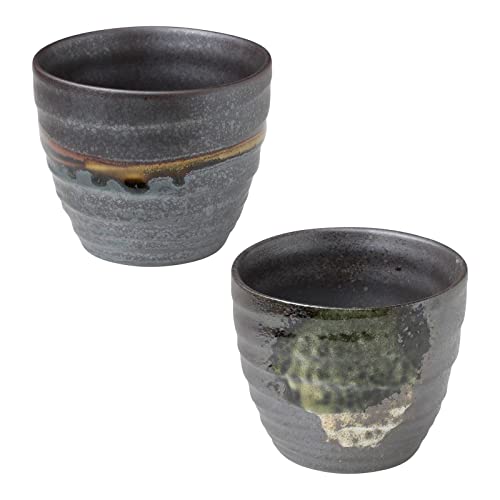 Asayu Japan ese Juego de 2 tazas de té de cerámica esmaltada pintadas a mano, vidrio de cerámica MIno Ware para bebidas calientes y frías (juego de 2 tazas de té, color marrón oscuro metálico) Cover