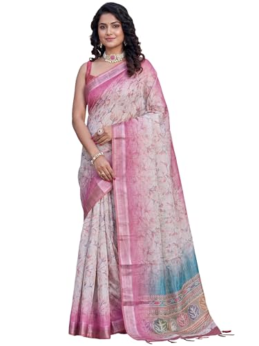 Image of AKHILAM Women's Grey Kanjivaram Soft Cotton Linen Silk Saree With Blouse Piece