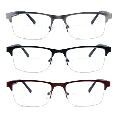 SOPHILY 3 Pack Bifocal Reading Glasses for Men Metal Half Frame Bi-focal Readers Clear Top Far/Near Dual-use Eyeglasses,Black/Brown/Gun metal, +2.00