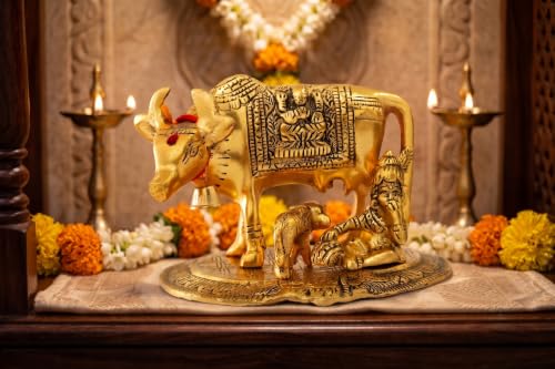 Image of KridayKraft Kamdhenu Cow,Calf with Bal Gopal Krishna Metal Statue for Good Luck,Feng Shui As Table Top Figurine,Vastu,Religious Gau MATA Idol Home,Office&Table (Gold, Medium)