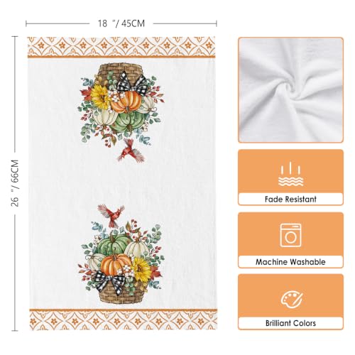 Image of Fall Pumpkin Cardinal Basket Kitchen Towels, Thanksgiving Dish Towels Set of 2, Autumn Sunflower Harvest 18 x 26 Inch Hand Towel Quick Drying Dishcloth Decor for Kitchen Bathroom Home