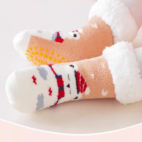 3 Pairs Warm Plush Baby Socks with Grips for Winter, 0-4 Year Cartoon Bear Bunny Thick Fleece Floor Socks Girls Boys4