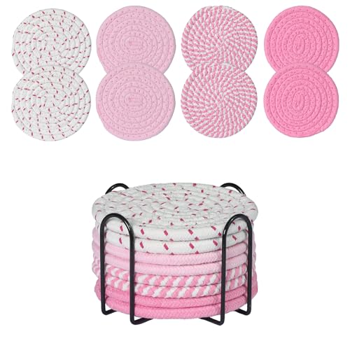 ZEXOLAP Drink Coasters Set of 8 with Holder Cotton Woven Pink