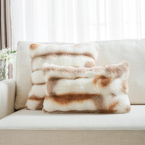 FUTEI Brown White Decorative Throw Pillow Covers 12x20 Inch Set of 2,Soft Fuzzy Faux Rabbit Fur Pillow Case with Raised Texture,Neutral Boho Home Decor for Couch Bed Living Room