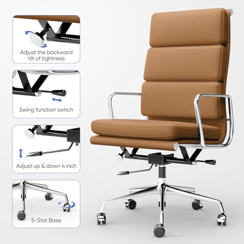 Image of Genuine Leather Office Chair, Padded Executive Desk Chair with Arms, Wheels, Lumbar Support, Aluminum Base (Light Brown, High-Back)