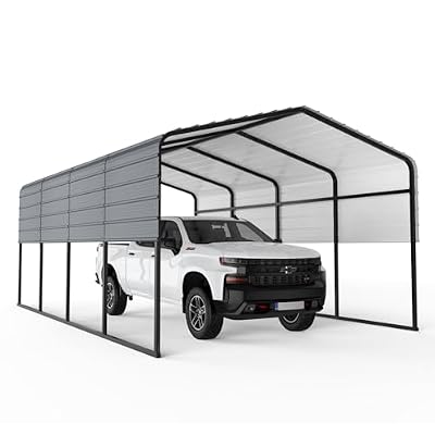 ACONEE 13 x 25 FT Heavy Duty Metal Carport, Outdoor Garage Car Shelter Tent, Galvanized Steel Roof, Metal Garage Carport Kits, Bolts for Car SUV Truck Boats, Enhanced Base, Grey