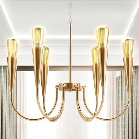 Modern Gold Chandelier, 6 Lights Farmhouse Chandeliers for Dining Room Light Fixture, Candle Pendant Light Fixtures Ceiling Hanging for Kitchen Living Room Bedrooms Entryway Cover