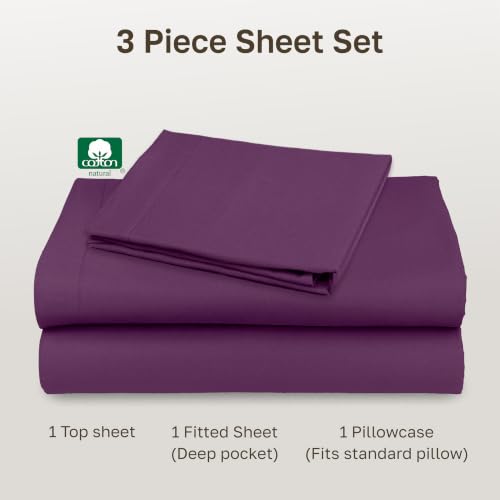 Image of California Design Den 12 inch Pocket Bed Sheets Twin Size Set - Natural 100% Cotton Sheets, Soft Sateen Weave, All Around Elastic, Breathable and Durable Bedding - Purple Passion
