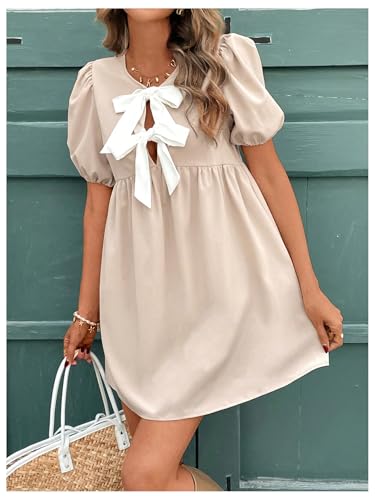 SweatyRocks Women's Bow Puff Short Sleeve Dress Tie Front A Line Babydoll Dresses4
