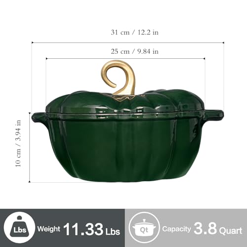 Flavehc Kürbis Dutch Oven Mit Deckel 3,8 Qt - Grün Emailliertes Gusseisen Topf für Brot Backen Mit Griffen – Ansicht 5